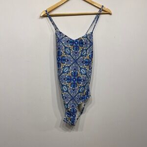 Anthropologie Allihop Blue Yellow Paisley Medallion One Piece Swimsuit Back S